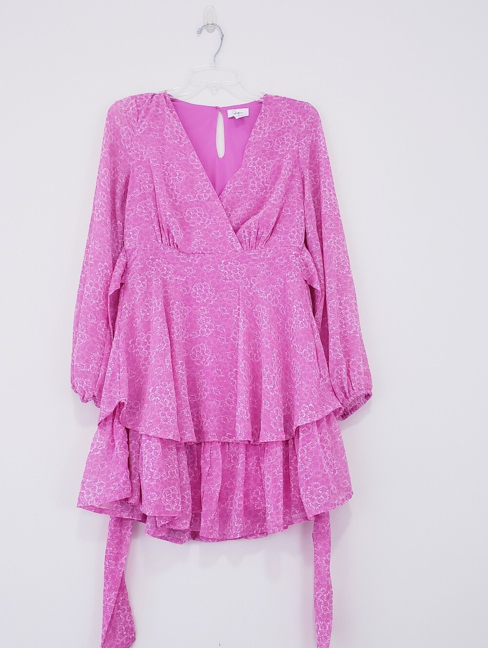 Japna Pink Long Sleeve V Neck Surplice Mini Dress Ruffle Bottom Floral Medium